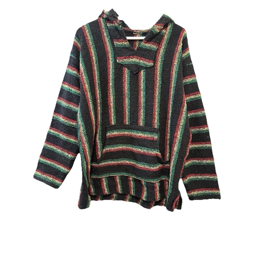 Vintage Baja Hoodie Black Rasta Stripe Woven Pullover Kangaroo Pocket L/XL